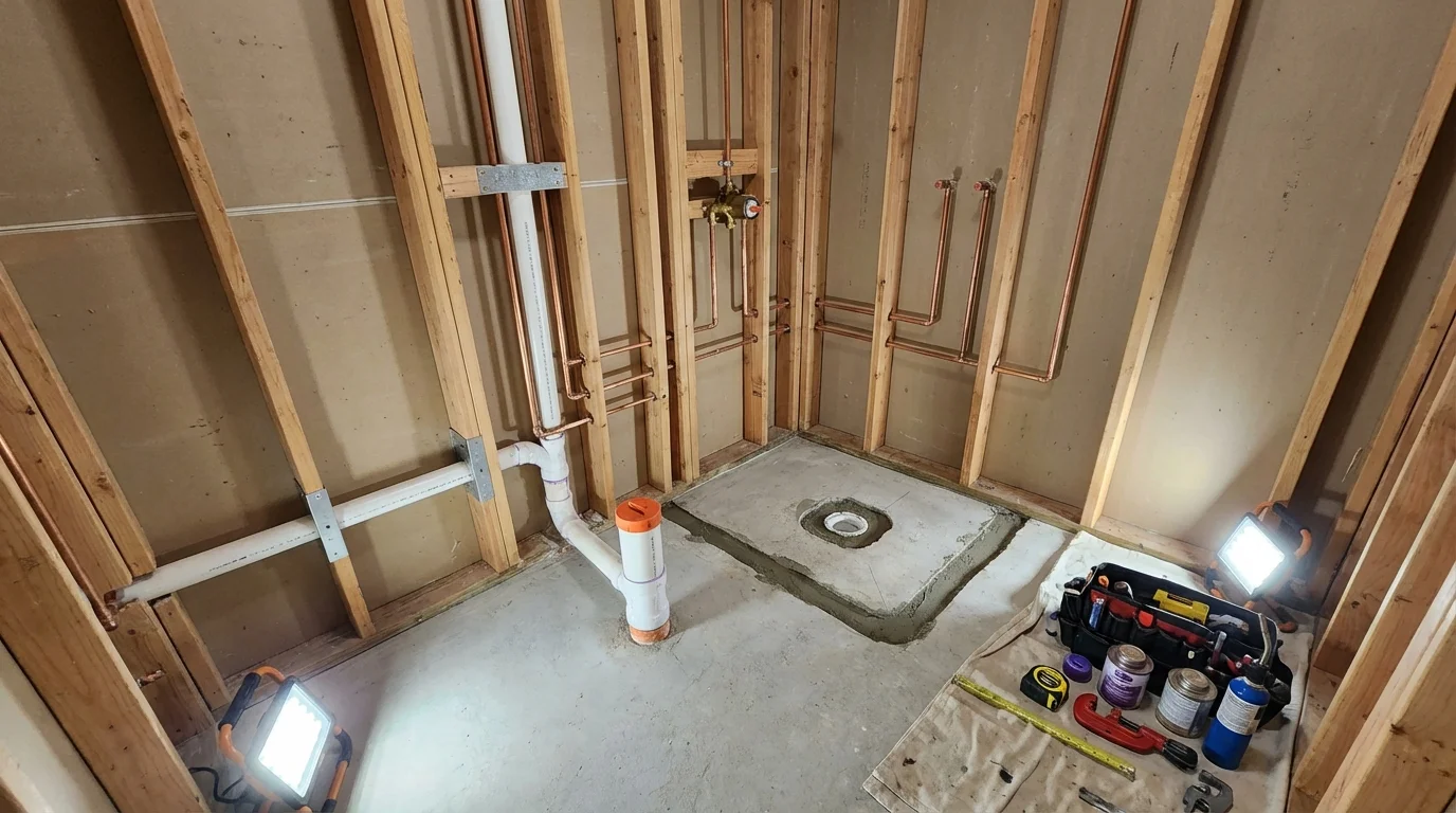 Bathroom rough-in plumbing during remodel by Johns Plumbing LLC in North East