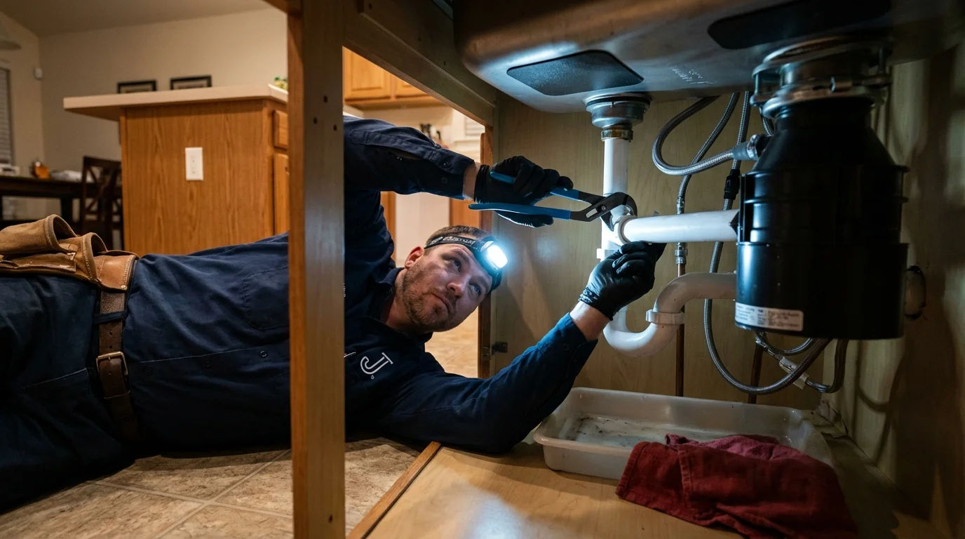 P-trap and supply line connections under a kitchen sink showing a common leak point in North East, PA